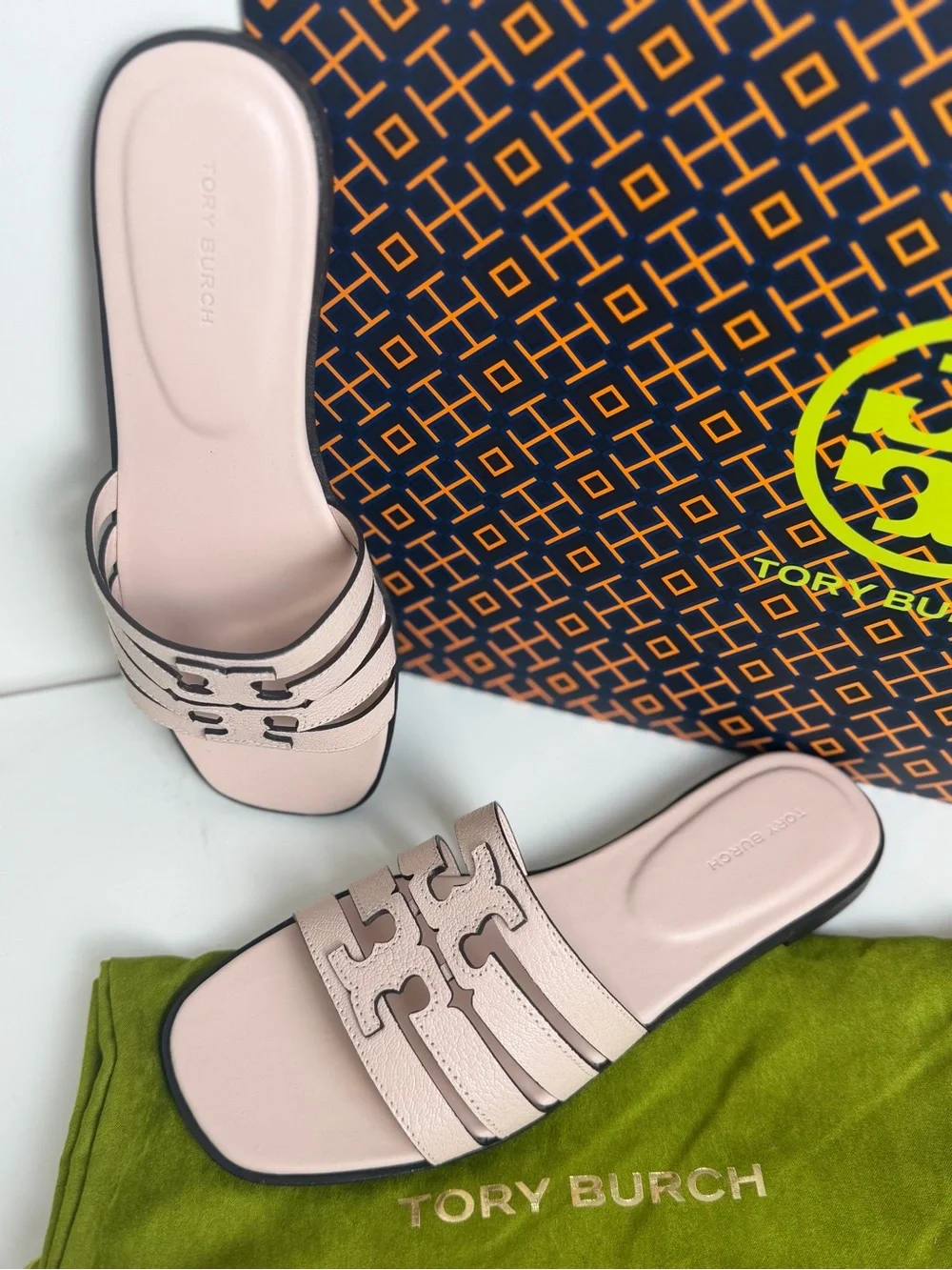 Tory Burch Pale Pink Leather Triple-Strap Logo Slide Sandals